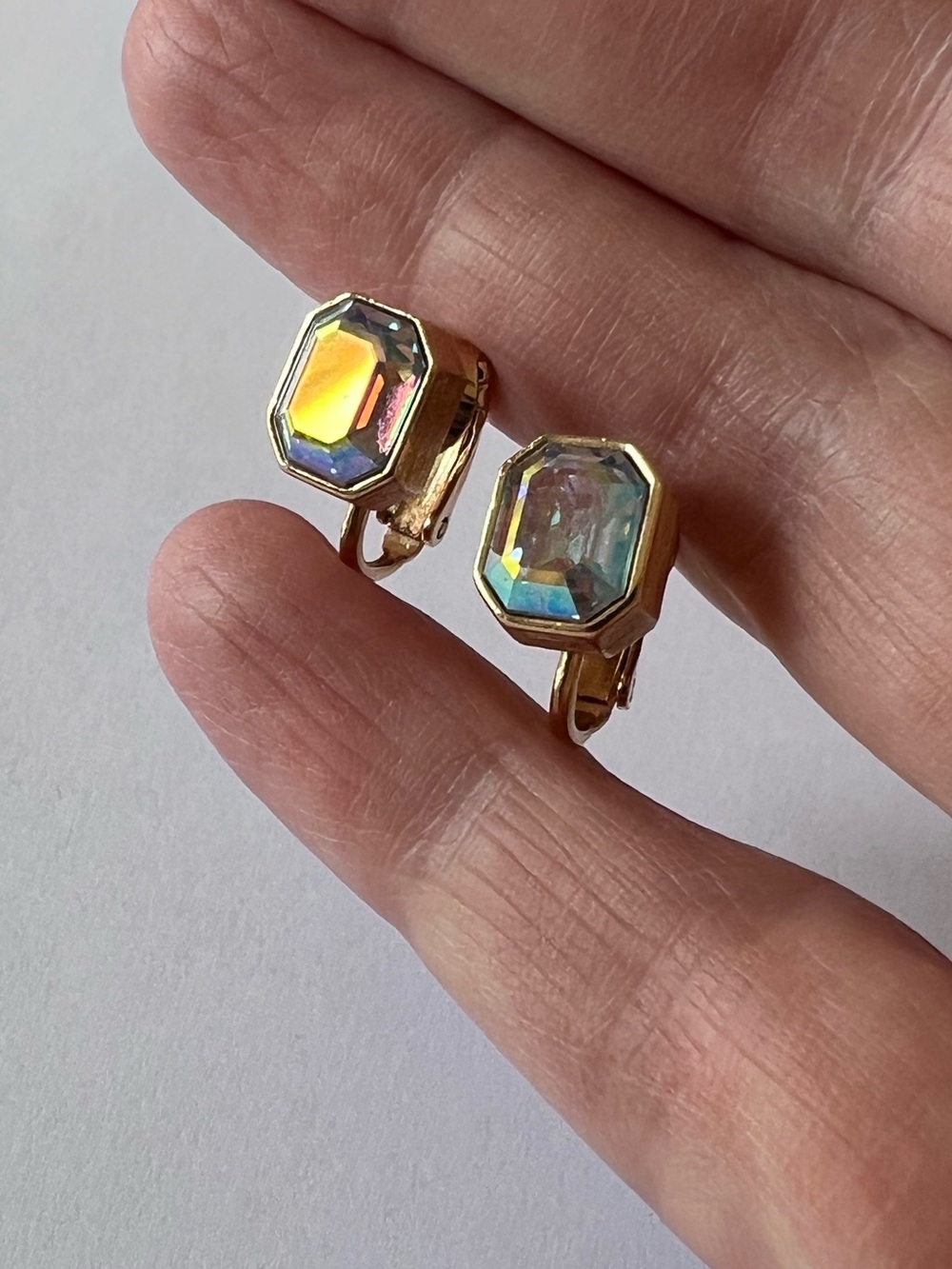 Beautiful, dainty AVON clip-on earrings. Aurora Borealis, gem, crystal, vintage.